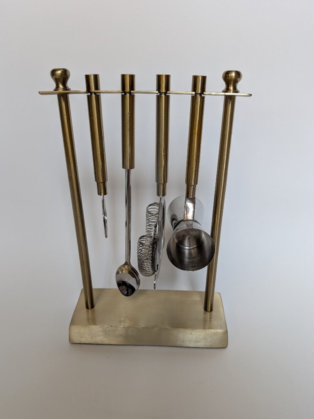 Vintage MCM Style Metal Bar Mixer Tool Set with Stand Caddy Brass & Silver Tone